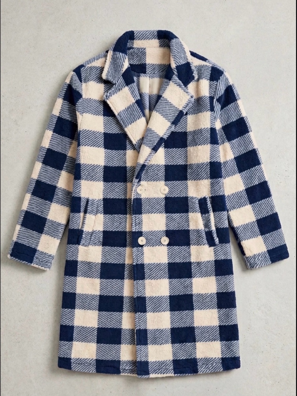 Men's Double-Breasted Navy and Cream Plaid Pea Coat